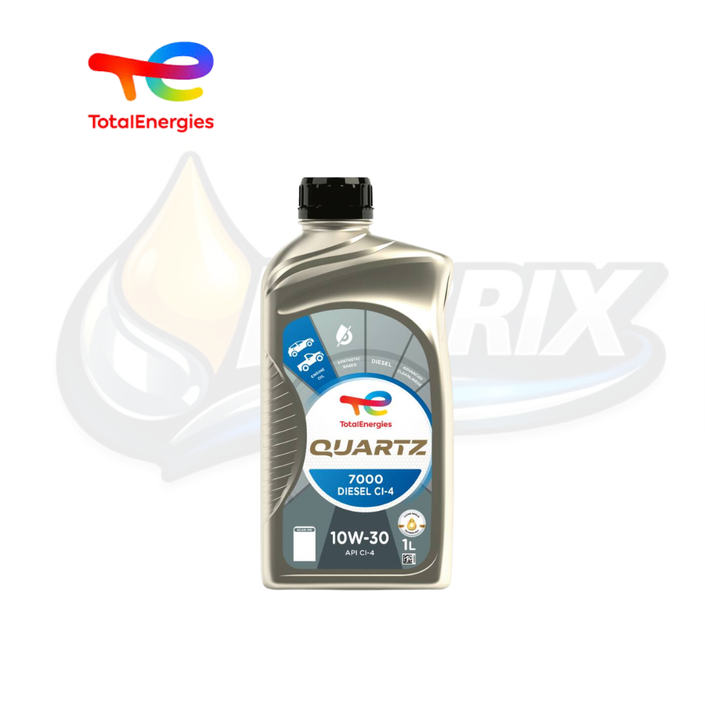 Envase de TotalEnergies Quartz D.7000 SAE 10W-30 API CI-4, aceite de tecnología sintética para motores diésel de pickups, SUV y vehículos comerciales ligeros.