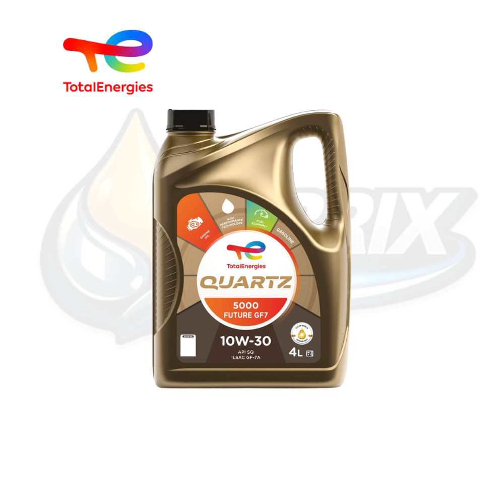 Envase de TotalEnergies Quartz 5000 Future GF7 SAE 10W-30 API SQ, aceite para motores de gasolina con tecnología Clean-Shield e ILSAC GF-7.