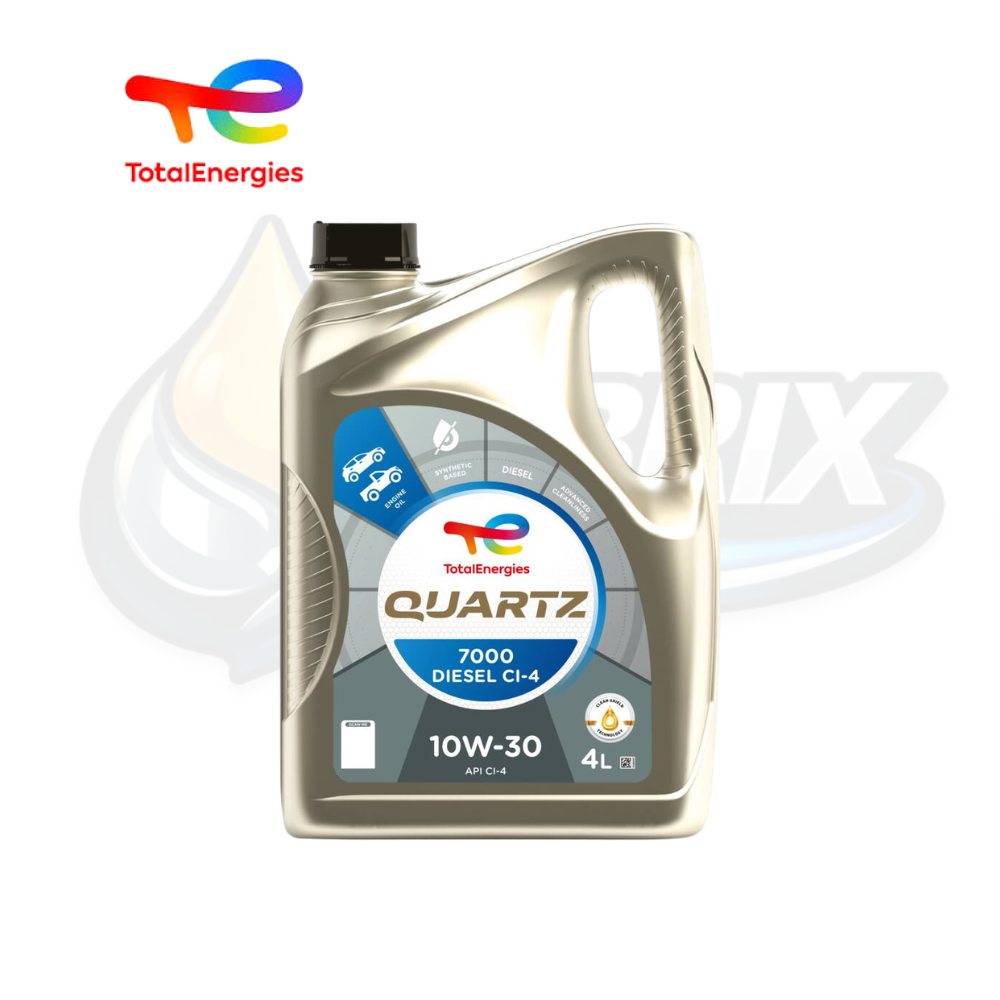 Envase de TotalEnergies Quartz D.7000 SAE 10W-30 API CI-4, aceite de tecnología sintética para motores diésel de pickups, SUV y vehículos comerciales ligeros.